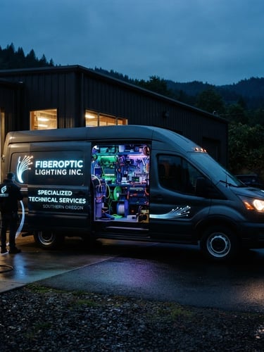 Daylight shot of a branded FIBEROPTIC LIGHTING INC service vehicle parked outside our technical workshop in Southern Oregon, clean industrial setting, sharp details, 35mm