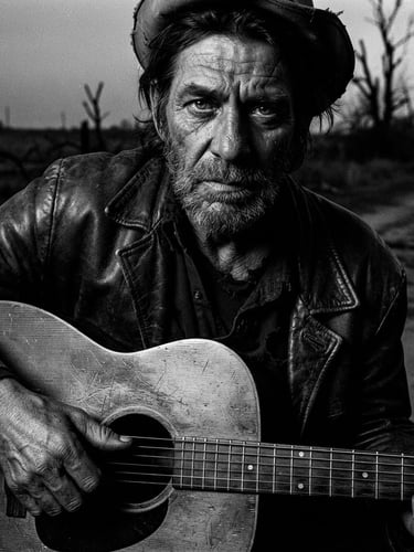 Gritty black and white close-up portrait of a musician in a desolate southern landscape, harsh low-light, deep shadows, 35mm film grain.