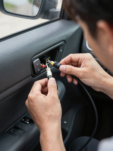 Close-up overhead view of a technician's hands routing a satellite radio cable through a car door panel, connectors visible against grey upholstery, natural daylight from a nearby window, sharp technical detail