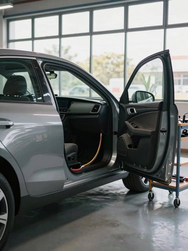 Wide shot inside a clean installation bay, a vehicle with its door open and dashboard partially disassembled, cable runs visible, tools on a rolling cart beside the car, natural daylight through large bay windows