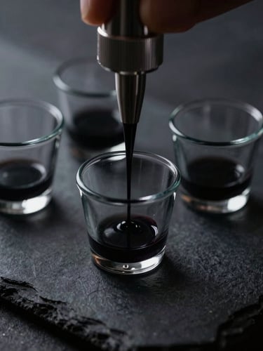 Moody dark-mode photography, close-up of precise ink mixing in small sterile cups on a dark slate background, dramatic side-lighting, silver accents