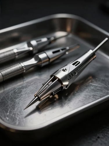 Close-up of sterile silver tattoo needles and precision tools arranged on a dark metal tray, dramatic high-contrast studio lighting, moody charcoal tones