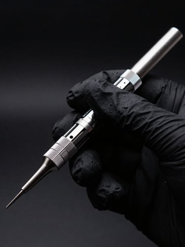 Macro shot of a professional hand in a black nitrile glove holding a precision silver dermograph, dramatic side-lighting, deep charcoal background, high contrast