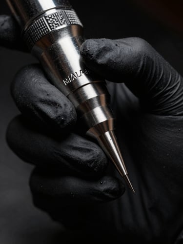 Macro close-up of a professional tattoo artist's gloved hand adjusting a sleek steel dermograph, dramatic side-lighting, deep charcoal and silver tones, high contrast