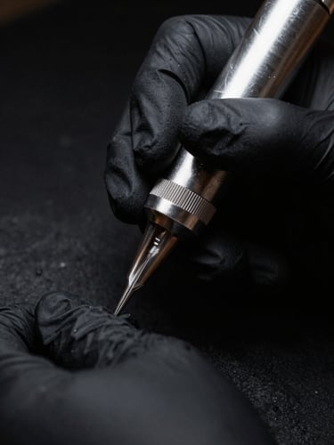 Macro shot of a professional tattoo artist's hand in a black sterile glove holding a silver dermograph, dramatic side-lighting, deep charcoal tones, high contrast, sharp focus on the needle tip.