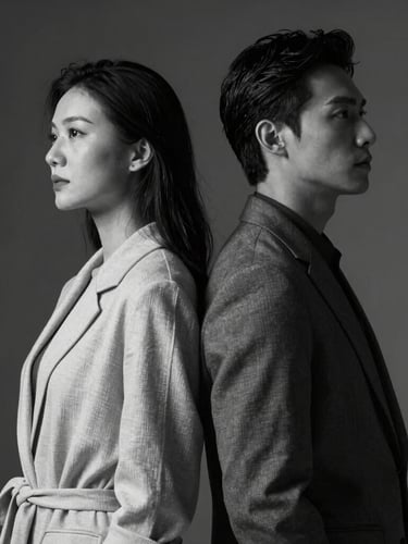 Vertical black and white portrait of an elegant couple standing back-to-back, dramatic studio lighting, deep shadows, crisp highlights on fine fabrics, high-fashion editorial style.