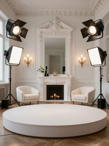 Instalación de estudio fotográfico físico de lujo en un salón de eventos histórico, ciclorama blanco impecable, luces de estudio profesionales de alta gama expuestas.