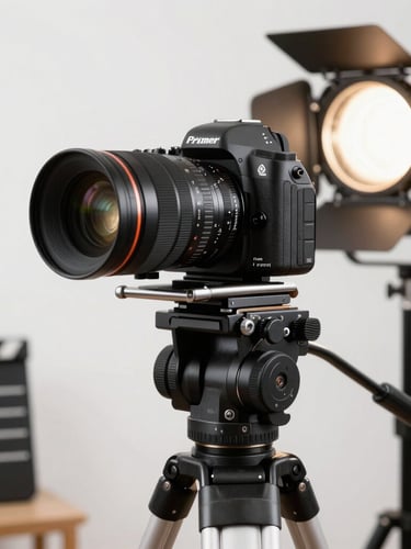 Primer plano de una cámara de formato medio profesional montada en un trípode de estudio pesado, con un reflector de luz de fondo y un ciclorama blanco al fondo.