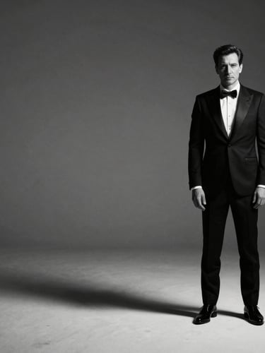 Wide panoramic 21:9 frame, dramatic studio strobe lighting with deep shadows, a high-contrast black and white portrait of an executive in a sharp tuxedo positioned to the right third, expansive negative space on the left.