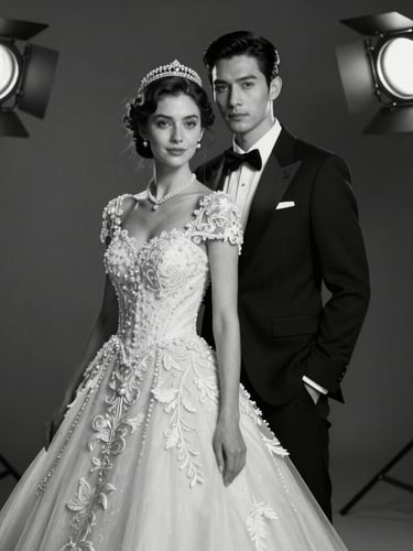 A striking black and white portrait of a couple in haute couture wedding attire, captured under dramatic studio strobes, timeless and elegant