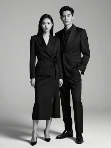 Vertical black and white portrait of an elegant couple in high-fashion attire, dramatic studio lighting with crisp shadows, clean minimalist background, Vogue style framing.