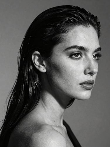 High-contrast black and white portrait of a woman looking elegant, dramatic studio lighting with deep shadows, editorial fashion style.