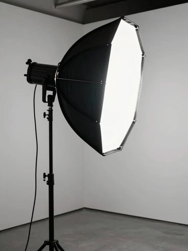 Framing: Portrait aspect. Lighting: Dramatic studio strobe lighting with deep shadows. Subject: A professional high-end studio strobe light with a large octabox reflector, set against a pristine white gallery wall, minimalist composition.