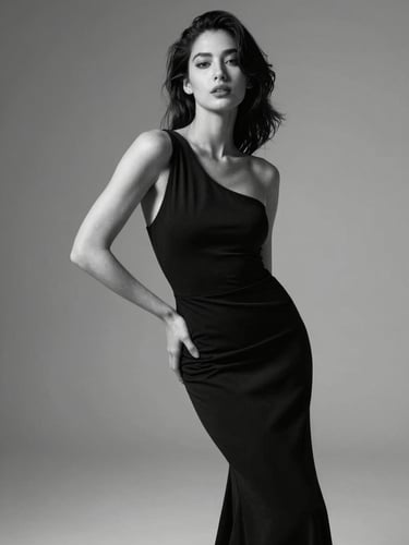 Retrato editorial en blanco y negro de una mujer elegante con vestido de gala, pose sofisticada bajo luz estroboscópica dramática, fondo gris minimalista.