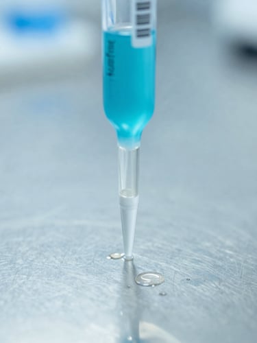 Macro shot of precise dosage forms on a stainless steel neutral surface in a bright sterile R&D laboratory, cool indigo tones, sharp focus