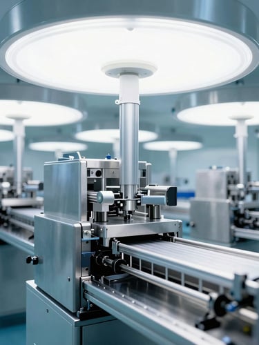 Wide panoramic cleanroom environment, stainless steel automated packaging lines under bright white sterile light, sharp architectural focus, 35mm