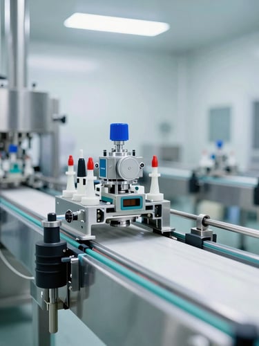 Wide architectural shot of an automated pharmaceutical packaging line, stainless steel conveyor belts, sterile cleanroom environment, bright white light, 35mm