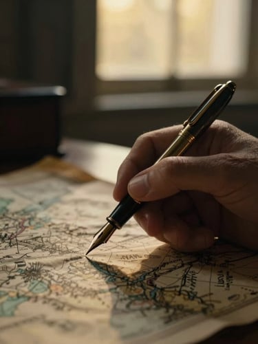 Close-up of a hand holding a vintage fountain pen over an old map, dramatic chiaroscuro lighting, soft golden-hour window light, dark fantasy aesthetic, portrait aspect, 35mm.