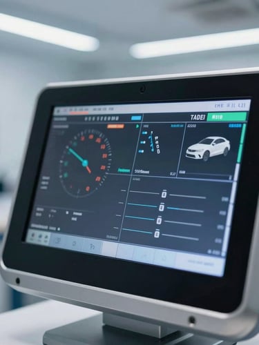 Macro close-up of a high-end diagnostic touchscreen showing live automotive telemetry data, bright workshop LED lighting, cool metallic tones, sharp focus