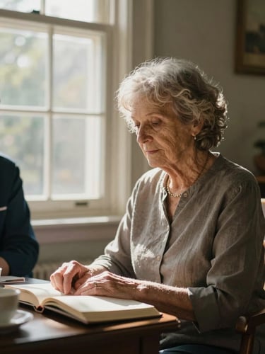 Intimate medium shot from slightly to the right, an elderly woman seated by a large sunlit window in a residence common room, soft north-facing daylight falling across her hands resting on a book, warm interior tones, shallow depth of field, staff member's shoulder visible at left edge suggesting quiet presence, editorial calm