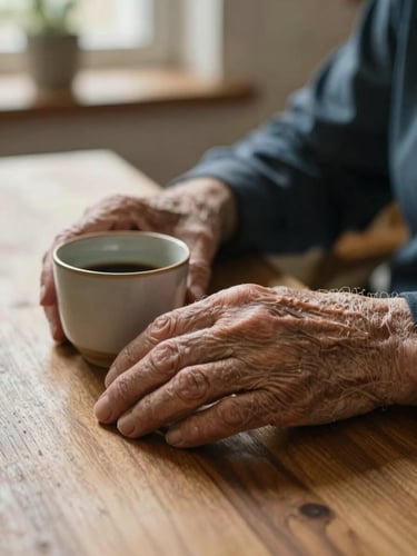 Close intimate shot of an elderly resident's hands resting on a wooden table beside a ceramic cup, warm natural north-facing daylight streaming from the left, shallow depth of field, soft editorial tone