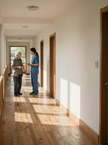 Wide editorial frame of a sunlit interior corridor in a senior residence, natural north-facing light falling across aged wooden floors, a staff member and an elderly resident in unhurried conversation mid-left, generous negative space to the right, warm diffuse morning light