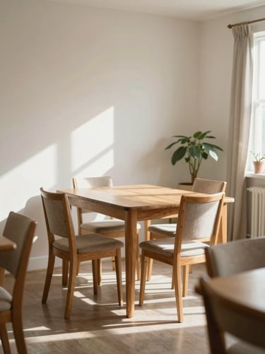 Intimate medium shot of a sunlit common room in a senior residence — warm north-facing daylight falling across a wooden table and empty chairs, a potted plant in soft focus to the right, the space quiet and lived-in, no people present, warm whites and gentle shadows