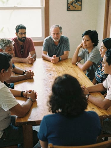Warm documentary photo of diverse community leaders collaborating around a wooden table in a sunlit room, natural daylight, 35mm film look