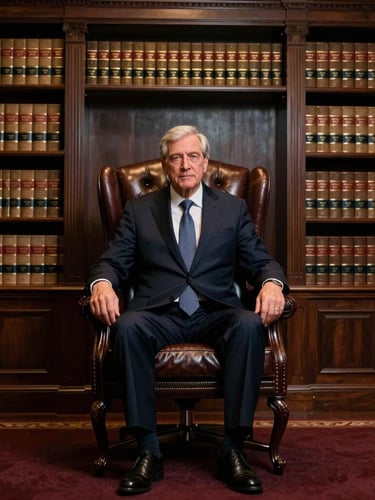 Authoritative environmental portrait of a senior male attorney in a dark tailored suit, sitting in a luxury classic office with leather-bound legal volumes, dramatic low-key lighting, warm highlights.
