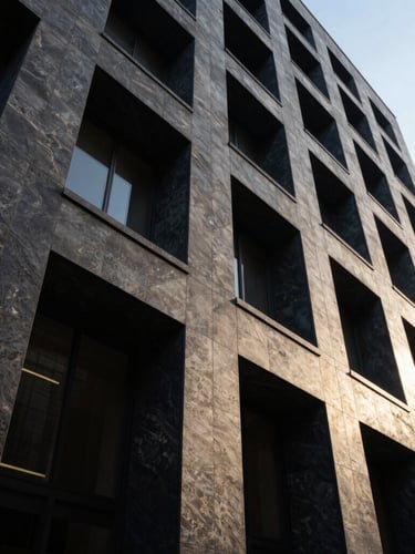 Dramatic low-angle shot of imposing modern judicial building facade, sharp architectural lines, dark slate stone, high contrast lighting.