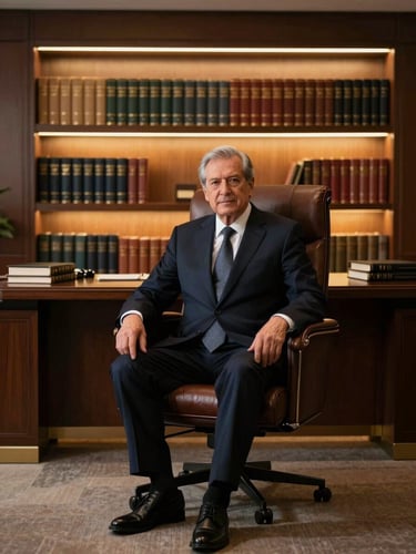 Authoritative environmental portrait of a senior male lawyer in a dark tailored suit, sitting in a refined corporate office with warm lighting, leather-bound books in the background, sharp focus.