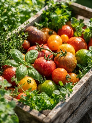 Macro close-up of pristine, water-droplet-flecked heirloom tomatoes and fresh herbs in a rustic wooden crate, bright morning sunlight, sharp shadows, rich green tones