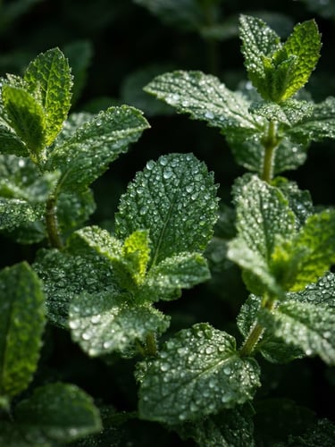 A close-up portrait of vibrant green mint leaves covered in fine water droplets, shining under crisp morning sunlight, dark background
