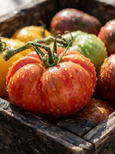 Macro close-up of pristine, water-droplet-flecked heirloom tomatoes in a dark wooden crate, bright natural morning sunlight casting crisp shadows, shallow depth of field