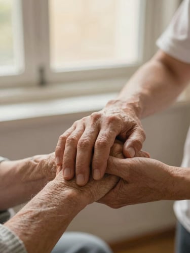 Close-up of a caregiver's hands warmly holding an elderly patient's hands, soft golden window light, shallow depth of field, reassuring atmosphere