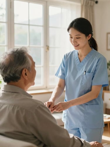 A professional nurse in a soft blue uniform gently checking the pulse of an elderly gentleman in a sunlit residential living room, warm window light, 35mm photography