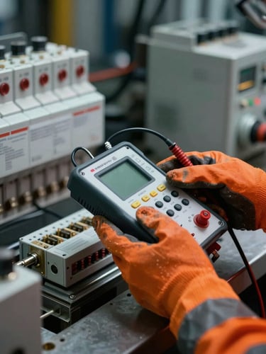 Close-up of industrial electrical components, hands of an engineer in high-visibility safety orange gloves and safety gear holding a technical testing device, dramatic high-contrast lighting.
