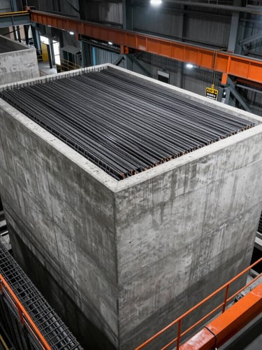 Industrial photography of a massive concrete foundation pour for heavy machinery, high-contrast warehouse lighting, steel rebar grid visible, safety orange accents, sharp focus, 35mm