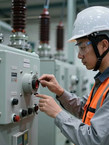 Detailed close-up of a certified engineer in full safety gear inspecting a high-voltage electrical substation, sharp focus, 35mm