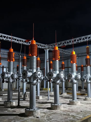 Wide environmental shot of an industrial electrical substation, cool metallic steel tones with high-visibility safety orange accents, dramatic high-contrast warehouse lighting, sharp focus, 35mm
