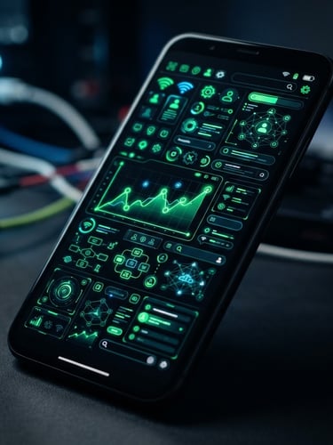 Sleek dark-mode tech photography, vibrant neon green accents, sharp focus on a high-fidelity Android UI mockup on a mobile screen, macro depth of field, 35mm