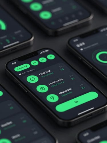 Sleek dark-mode mobile mockup showing a clean health tracking dashboard with vibrant electric green data visualizations, macro depth of field