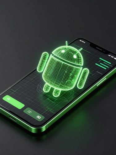 Sleek 3D digital render of a modern Android smartphone displaying a clean vector wireframe interface with high-contrast neon green accents, dramatic cybernetic glow, isometric perspective, dark charcoal background