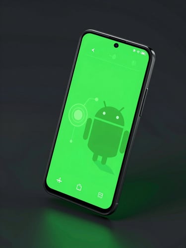Sleek 3D digital render of a modern Android device displaying a high-refresh-rate vector interface, high-contrast neon green backlighting, deep shadows, isometric perspective