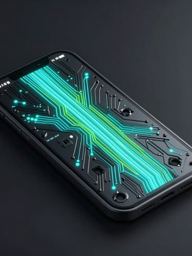 Sleek 3D digital render of a mobile interface wireframe, glowing cyan and neon green data streams flowing through a dark metallic circuit board, dramatic cybernetic glow