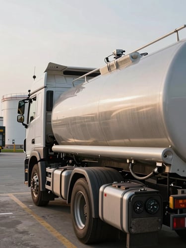 Close-up environmental shot of a bulk diesel tanker truck cab and tank body parked at an industrial loading bay, late afternoon overcast light, fuel meter gauge readout visible in sharp foreground focus on the driver-side panel, concrete apron and storage tank infrastructure receding into the background, no people visible