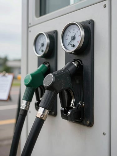 Close-up wide shot of a fuel meter readout and hose coupling at a bulk loading rack, steel and rubber fittings in sharp focus, overcast industrial daylight, dispatch clipboard visible in the blurred background
