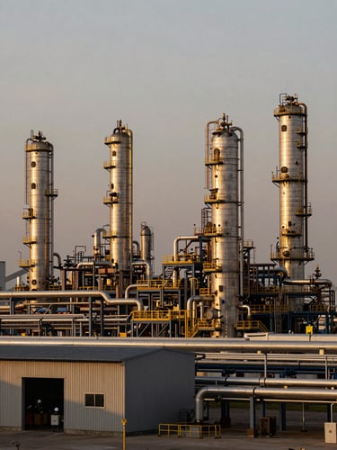 Wide environmental shot of a petroleum refinery at golden hour — distillation towers and pipeline infrastructure stretching across the right two-thirds of the frame, overcast amber light raking across the steel surfaces, loading bay foreground in sharp focus, open industrial sky filling the upper third