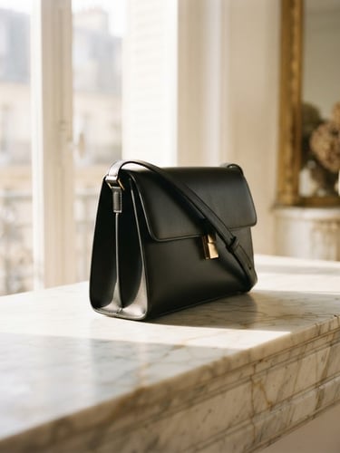 Elegant close-up of a structured minimalist leather handbag resting on a marble mantelpiece in a sunlit Parisian apartment, soft window light, long elegant shadows, 35mm film.