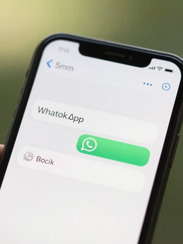 A close-up of a smartphone screen showing a clean WhatsApp booking confirmation message, warm natural daylight, soft green background, shallow depth of field.